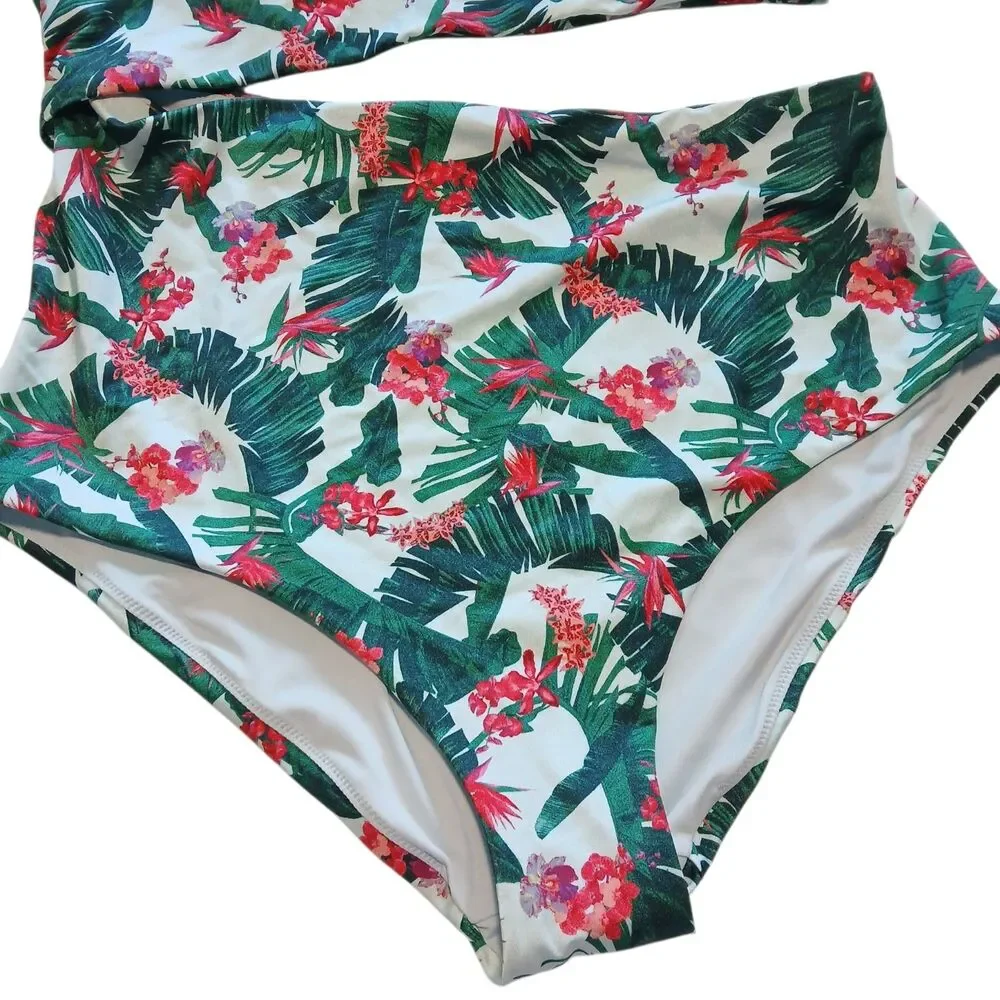 NWT XL Victoria's Secret Cut-out One-Piece Swimsuit Green Red Palm Tropical